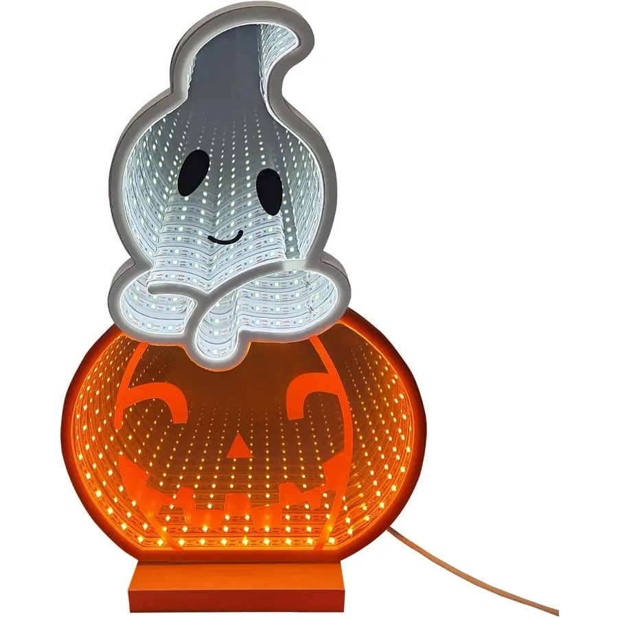 LED Halloween Pumpkin Light Cute Neon Pumpkin and Ghost Sign Decor 11.57 Inch 3D Infinity Lights with USB Powered for Table Roo