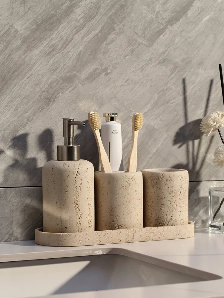 Wabi sabi Style Natural Marble Wash Set Electric Toothbrush Holder Soap Tray Bathroom Push Bottle Kitchen Storage Home Decor 3