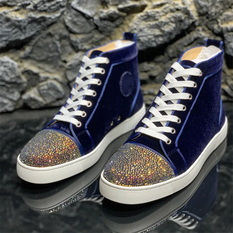 

Luxury Purple Diamonds Leather Red Bottoms High Top Shoes For Men's Brand Designer Casual Flat Loafers Women Rhinestone Sneakers