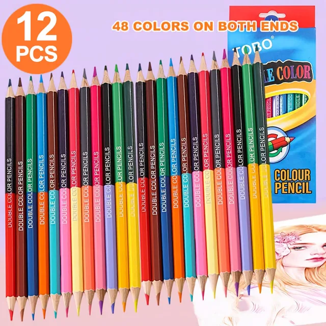 12 Dual-Color Pencils with 24 Colors on Both Ends, Suitable for School Supplies, Art Supplies, Professional Art Drawing Pencils, Dual-Color Lead, Multi-Purpose, Suitable for Coloring, Painting, Doodling, Drawing, Office Drawing, Etc., Office Supplies, School Supplies, Stationery Sets, Back-To-School Season 1