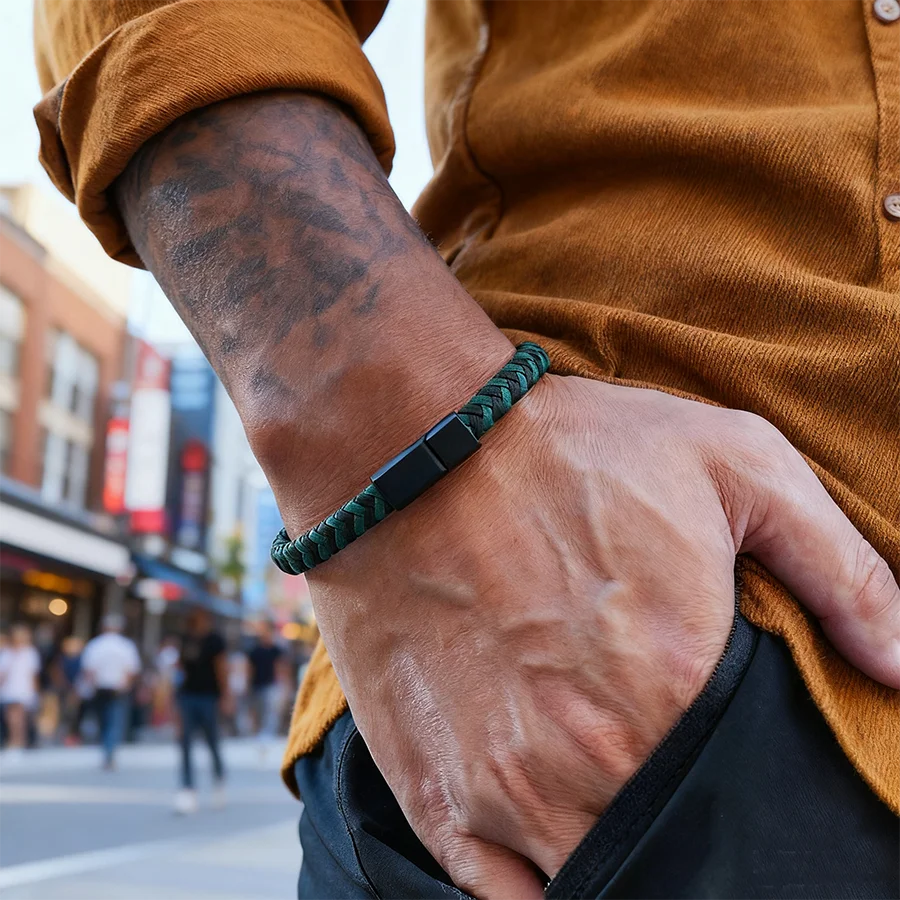 Handmade Leather Men Bangle Bracelet with Magnetic Buckle