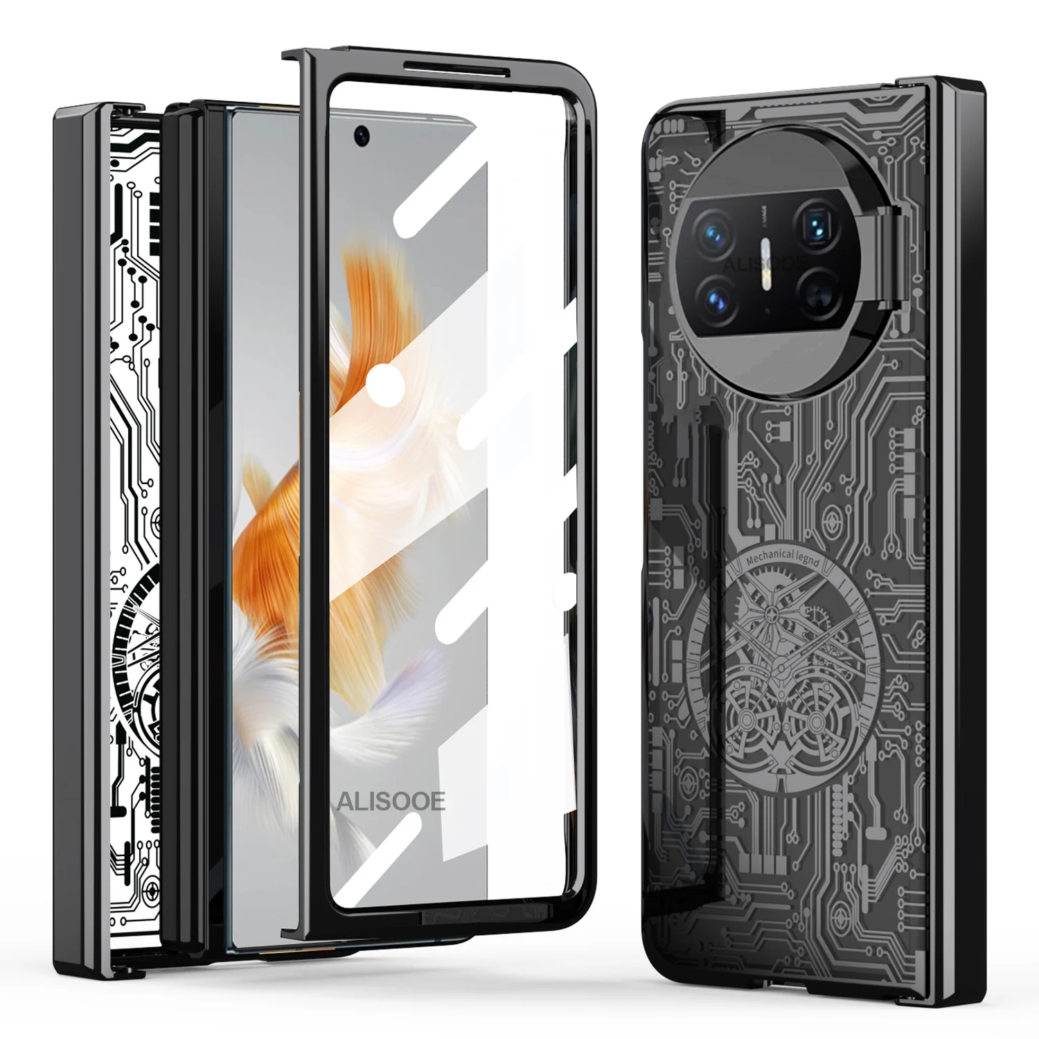 

Plating Hinge Cases for Huawei Mate X3 Case Clear Machinery Pattern Front Screen Glass Back Cover for Huawei Mate X3 5G Capa