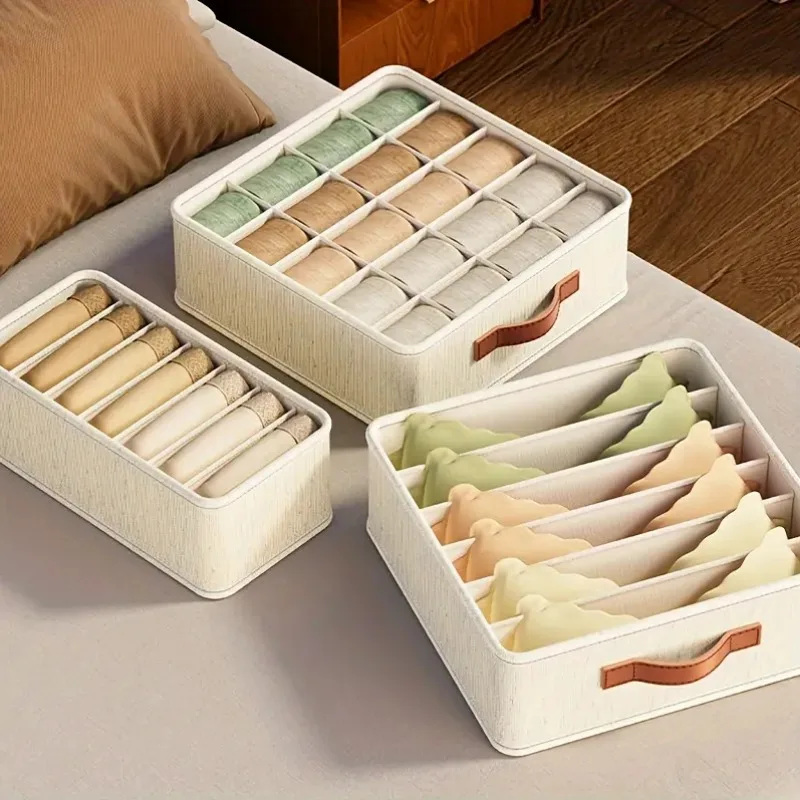 1pc Beige Foldable Drawer Organizer Stackable Fabric Storage Bin for Socks Underwear Bras Accessories Closet Organizers Storage 4