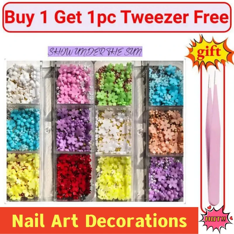 

6Grids Acrylic Flower 3D Nail Art Decorations Resin Charms Gold Beads Caviar Pearl Mixed Rhinestones Accessories Manicure