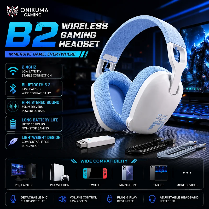 오니쿠마 B2 트라이 모드 무선 게이밍 헤드셋 |   2.4GHz / 블루투스 5.3 / 유선, 노이즈 캔슬링 마이크, PS4 / PC / 노트북용