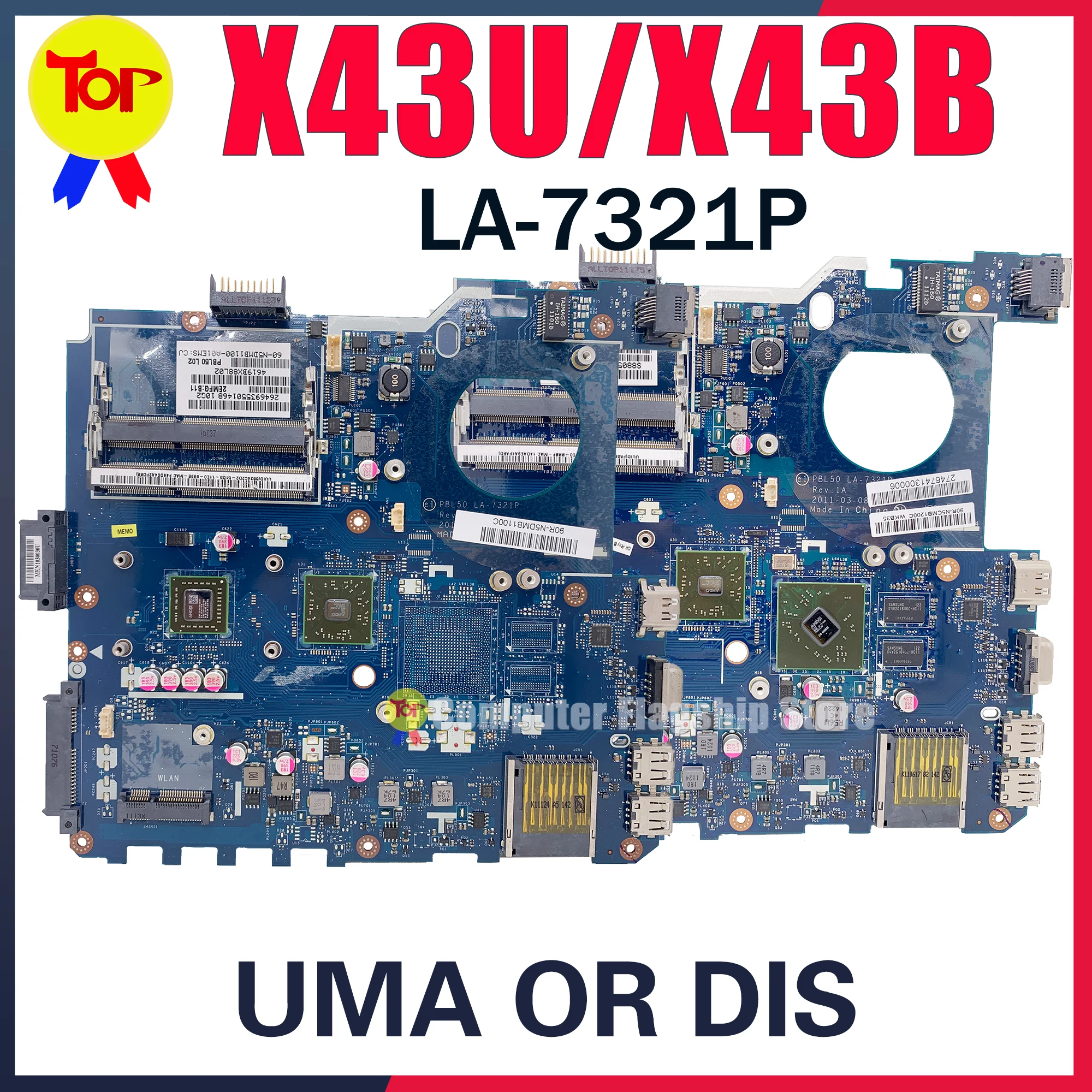 

KEFU K43B Laptop Motherboard For ASUS X43B X43U K43U X43BR K43BR LA-7321P PBL50 UMA OR DIS Mainboard 100% Working