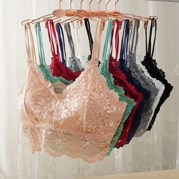 Top con reggicalze a fiori in pizzo per donna Reggiseno senza fili con imbottitura rimovibile in tinta unita, sexy, delicato sulla pelle