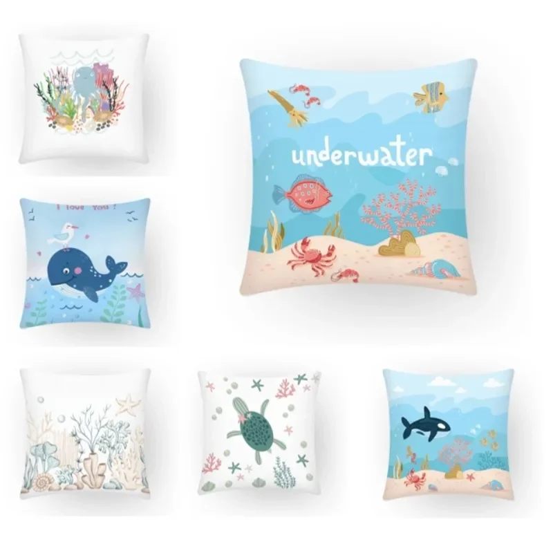 

Marine Life Blue Pillow Cover Whale Turtle Cushion Cover 45x45 Double Sided Pillowcase Sofa Home Decor for Friend Gift DE1791