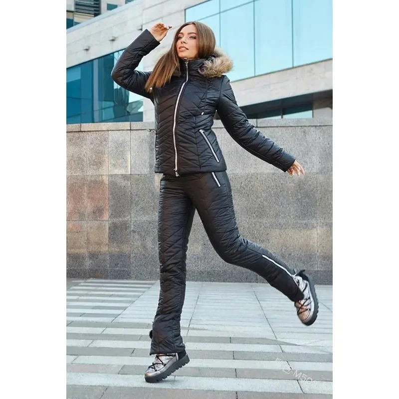 

Winter Women Two Piece Set Elegant Warm Thick Long Sleeve Zipper Fur Hooded Coat Parka High Waist Cotton-padded Trousers Outfits