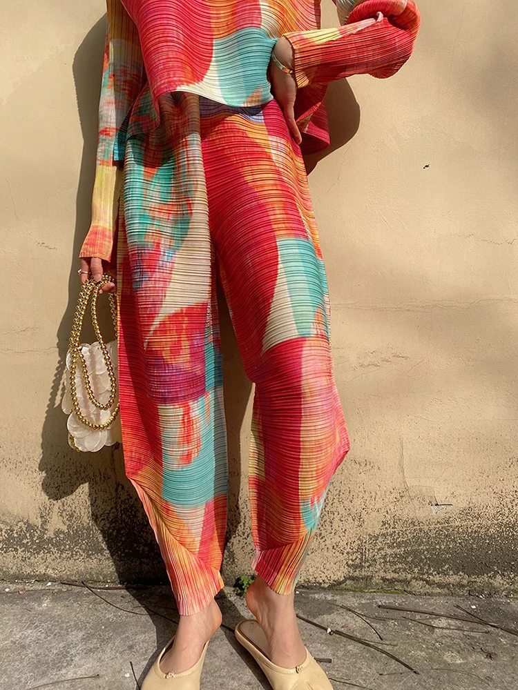 Miyake Pleated 2022 Spring Summer Women Ice Crystal Series Printed Top Shaped Pants Korean Style Two Piece Set Aesthetic Clothes