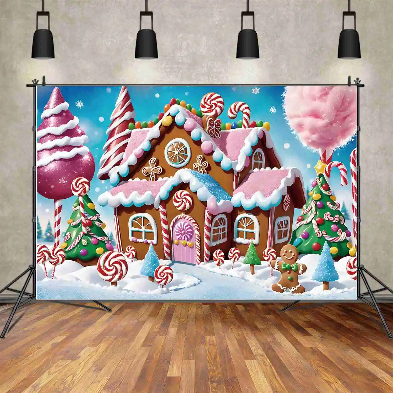 Moon.Qg Fondale Baby Christmas Party Decoration Sfondo Casa Di Pan Di Zenzero Per Bambini Cabina Home Tree Ball Puntelli Fotografici