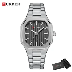 Luxury Square Quartz Watch with Classic Stripe Dial and Stainless Steel Band (Silver black box)