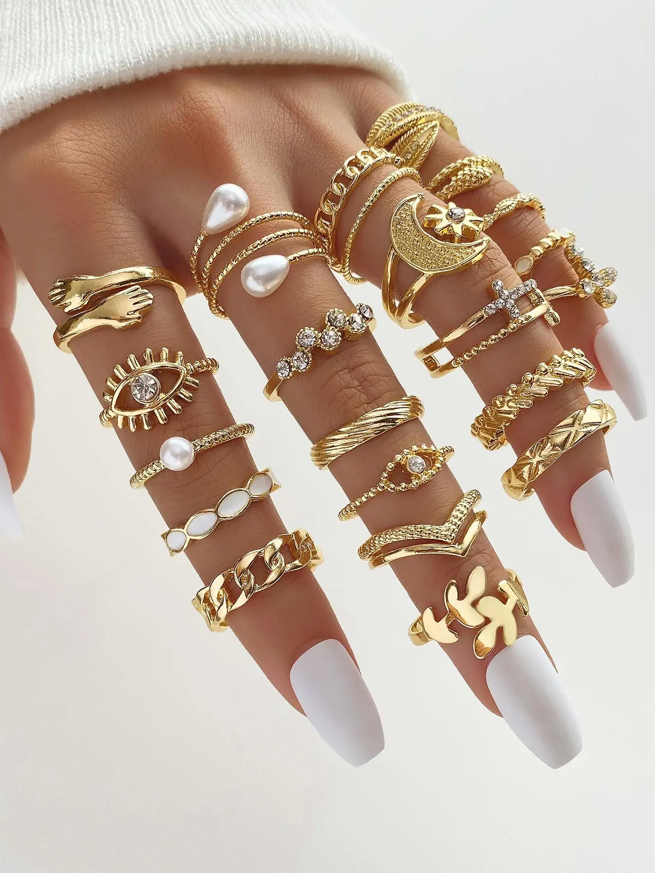 Fashionable Punk Style Cartoon Pearl Rings Set Women Parties Festivals Gifts Daily Versatility Jewelry 22 Pcs/Set