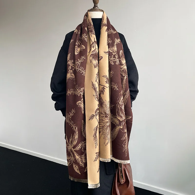 Autumn and Winter Thickened Designer Women's Scarf Luxury Flower Double-Sided Faux Cashmere Scarf Warm Shawl 2024 New