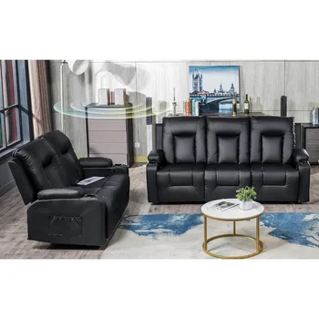 Black Leather Reclining Sofa Set 1