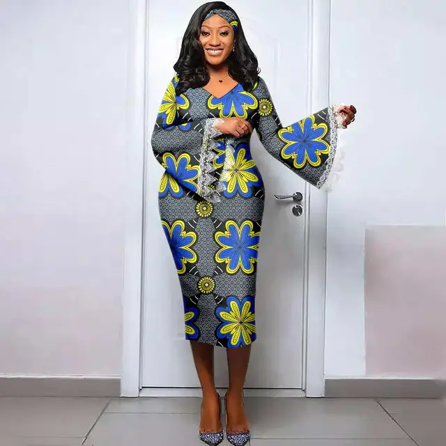Chidinma V-neck Lace Sleeve with Headband Ankara Dress - Image 2