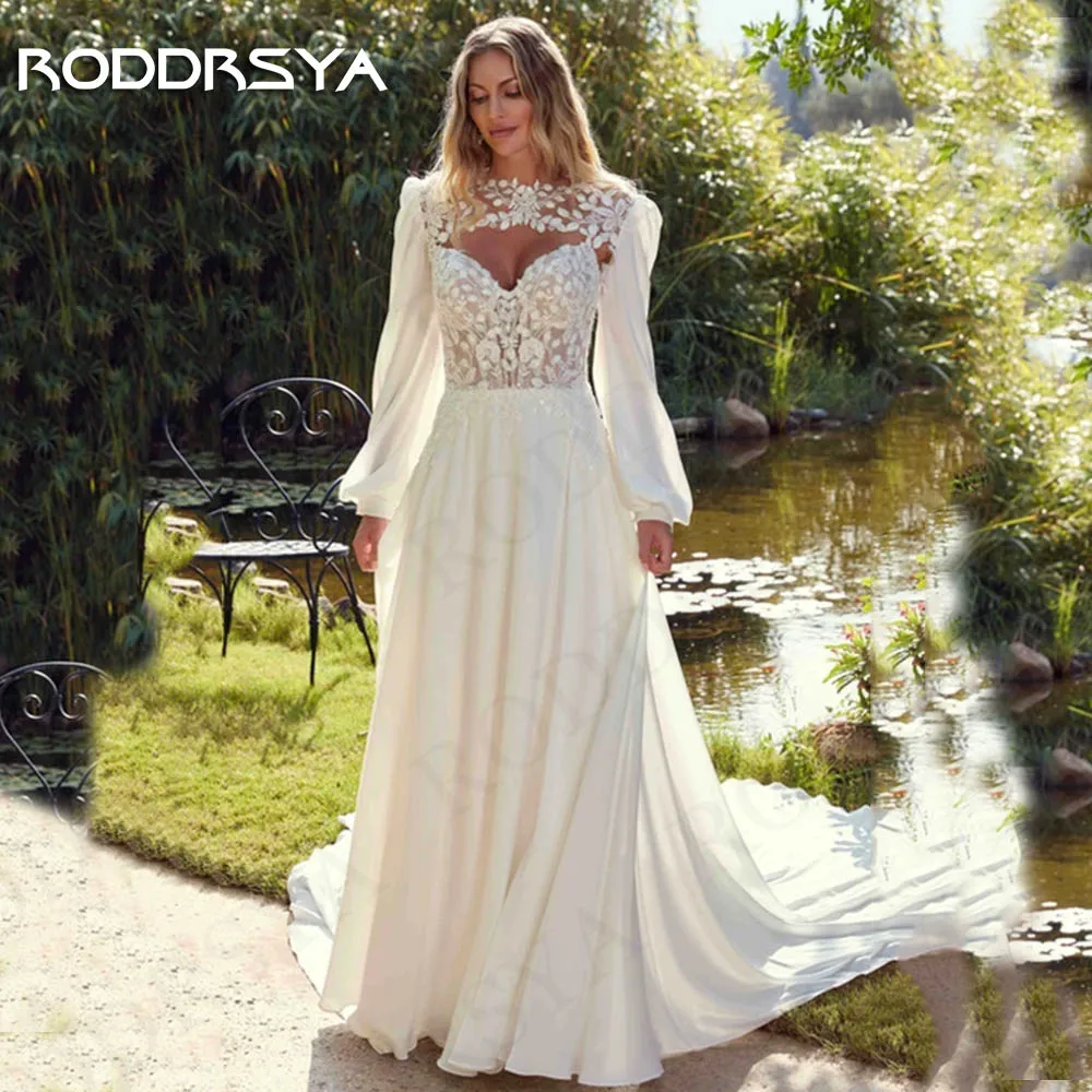

RODDRSYA Boho Chiffon Wedding Dress свадебное платье Detachable Long Sleeve Lace A Line Bridal Dresses Illusion Appliques Beach