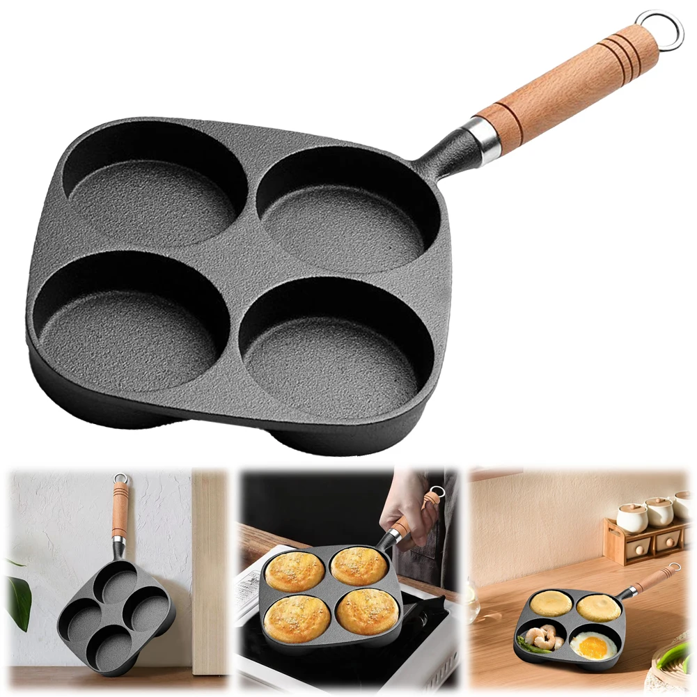 4 Hole Egg Pancake Steak Pan Non-Stick Cast Iron Omelet Pan Cooking Egg Ham Pan Cake Maker Frying Pan Egg Frying Pan Pancake Pan
