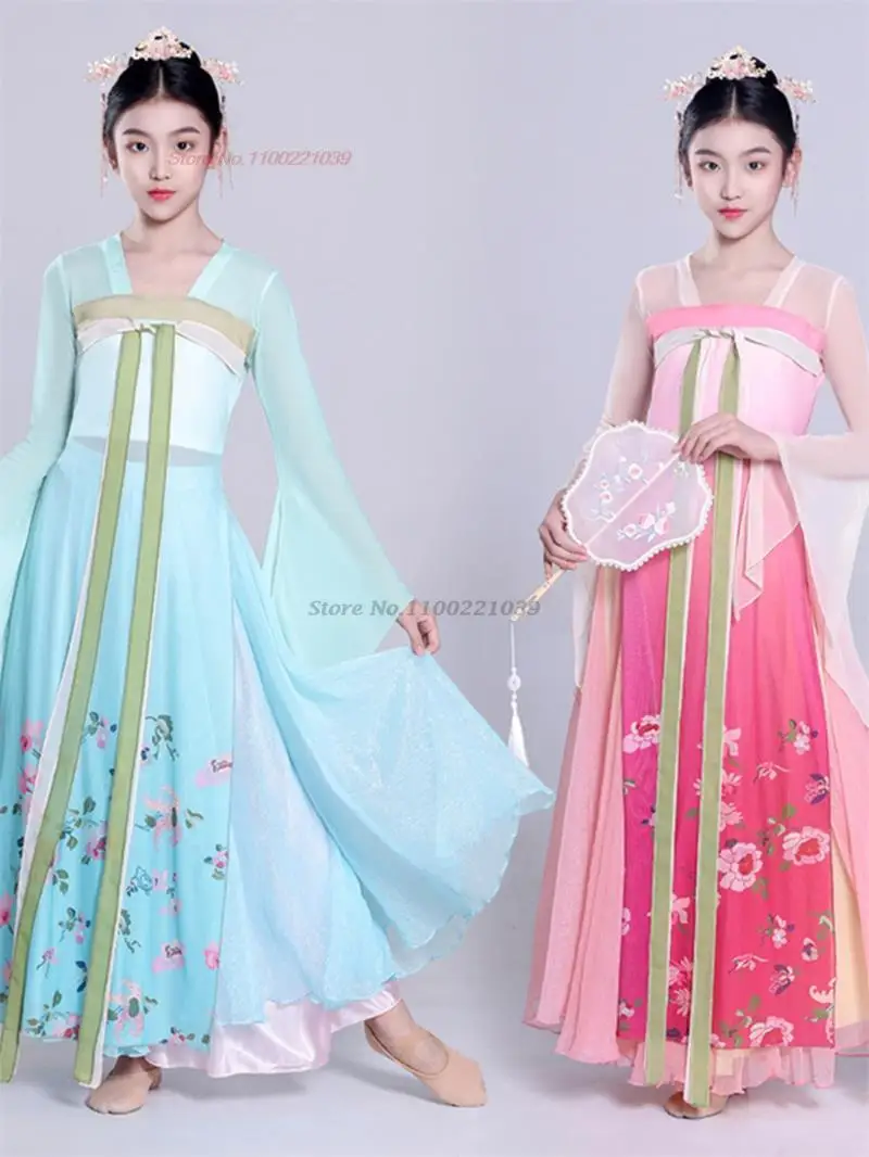 

2024 chinese children dance dress national flower print chiffon dress+pants set stage performance practice dress oriental hanfu