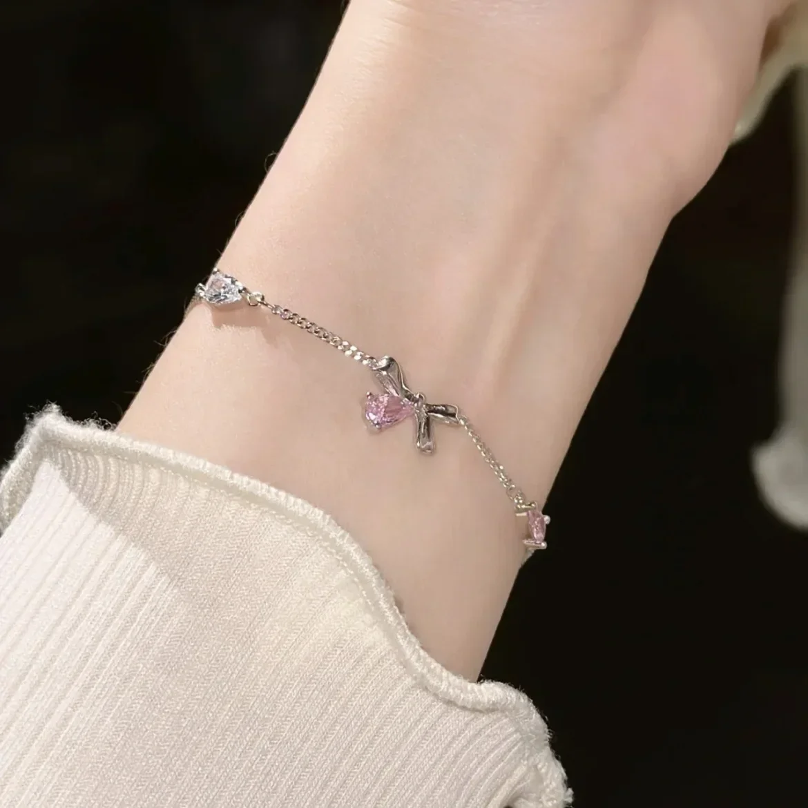 Crystal Cherry Blossom Bracelets For Women Girls Shiny Pink Sweet Moon Bow Flowers Zircon Party Aesthetic Jewelry