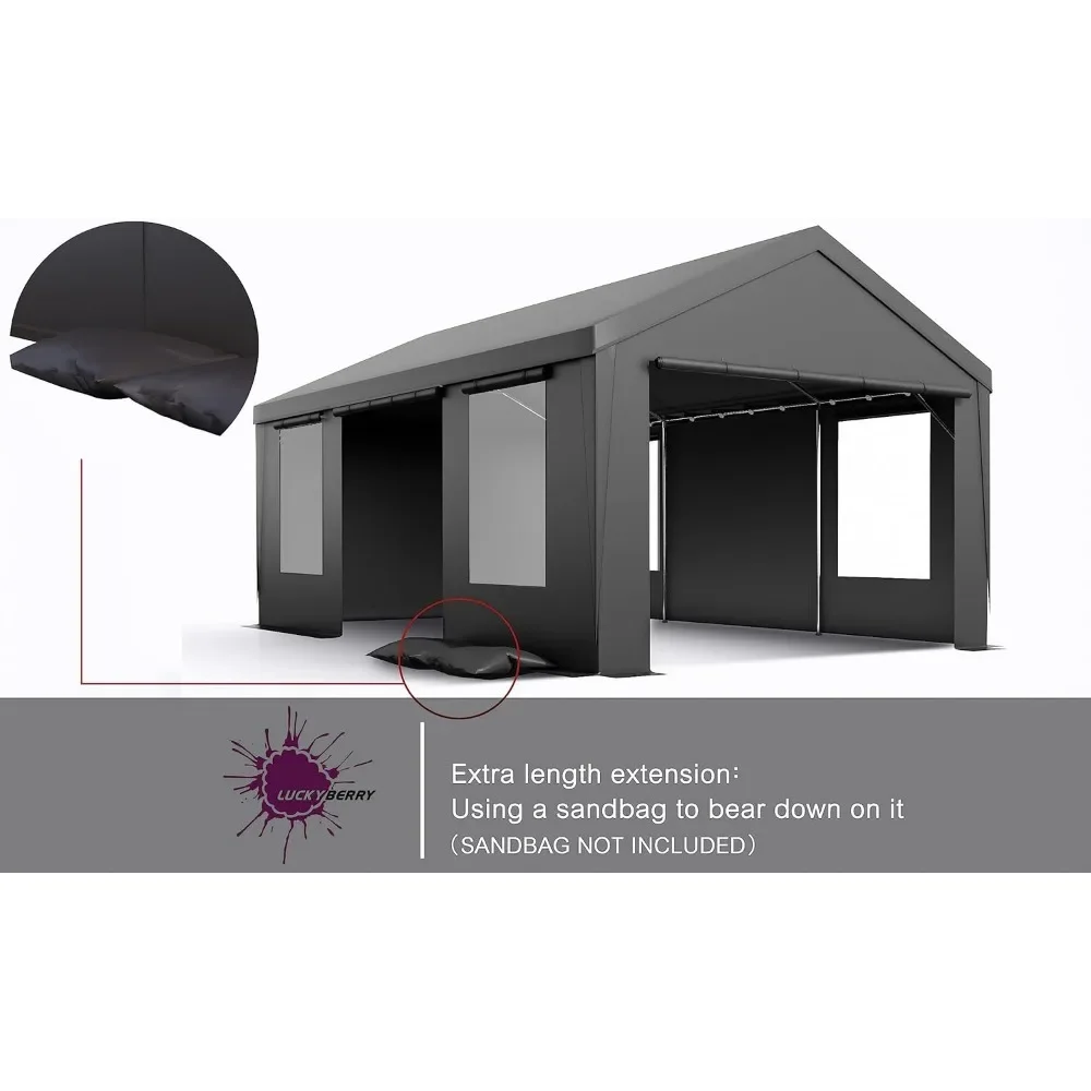 12'x 20' Heavy Duty Carport with Roll-up Ventilated Windows, Portable Garage with Removable Sidewalls & Doors for Car,Truck,Boat