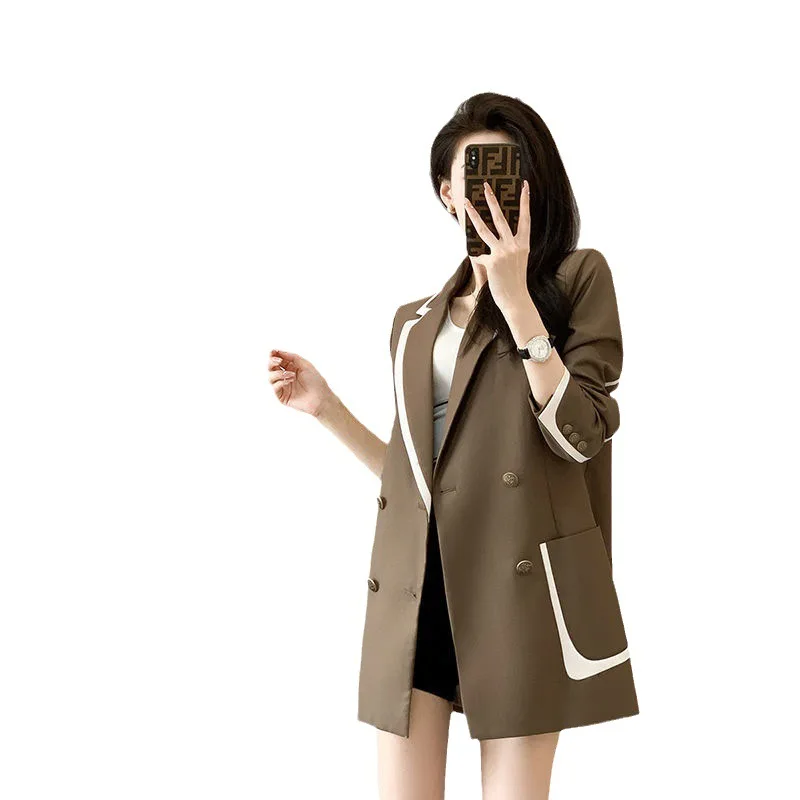 Women Korean Fashion Notched Contrast Color Street Chic Oversized Blazers Jacket Spring Autumn Casual Long Sleeve Outerwear Tops