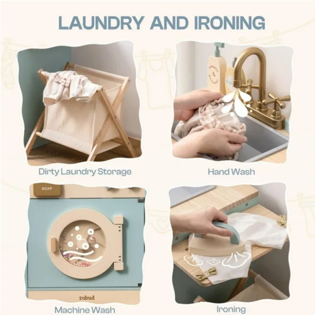 8954-31c658.jpg Robotime Robud Kitchen Washer Playset Pretend Play Toy Washing Machine with Clothes Basket Iron and Sink for Kids Age 3+Blue