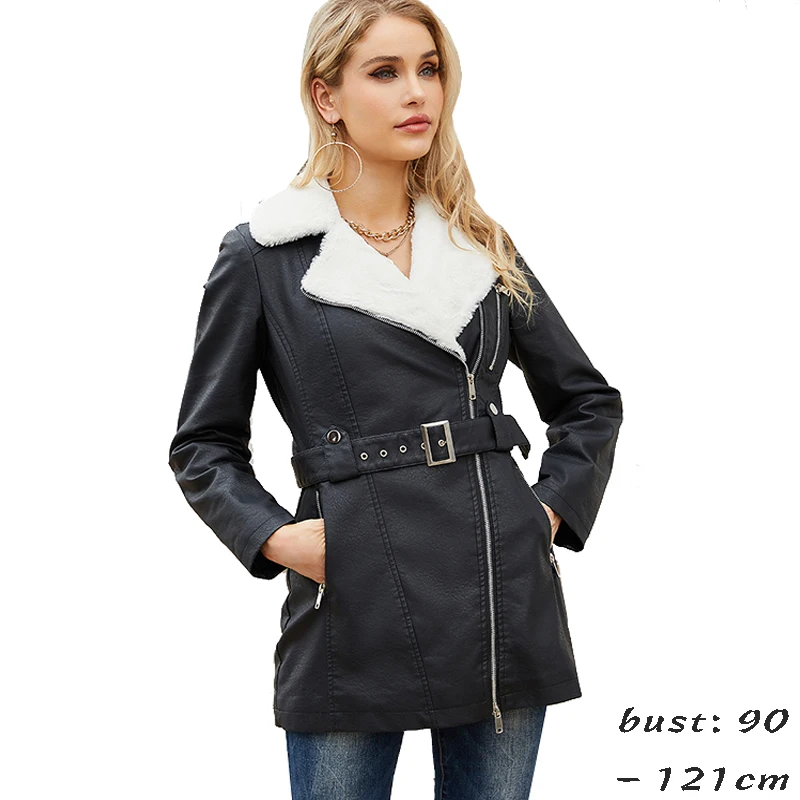 High quality leather trench coat for women big size  plush lining with belt new winter 2023 elegant clothes - black brown blue