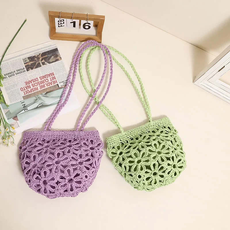 

Hollow flower shoulder new summer handmade grass woven vacation style beach versatile women's bag