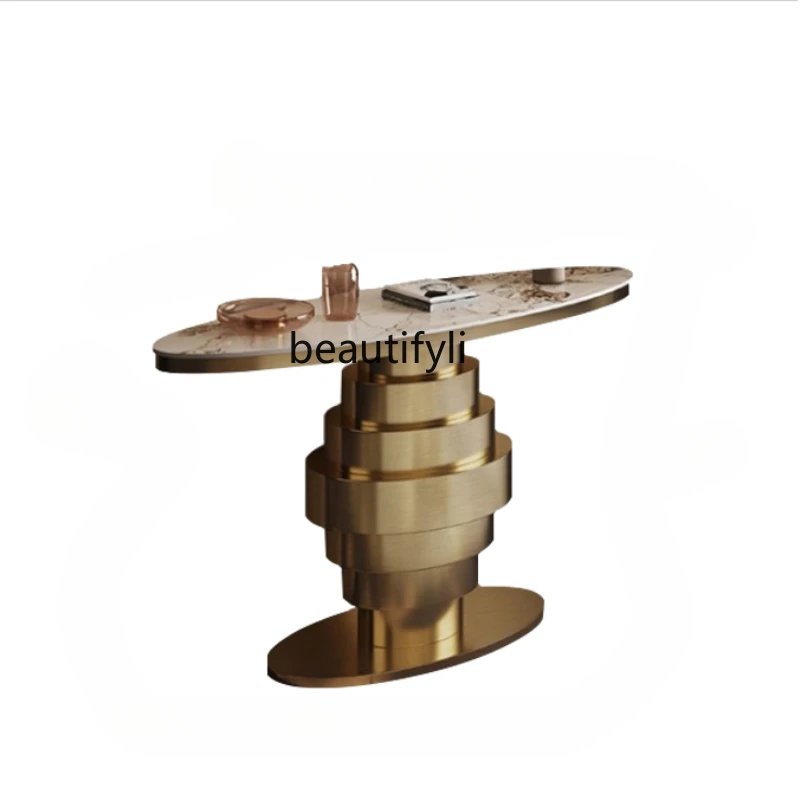 

Stainless Steel Household Console Tables Stone Plate a Long Narrow Table Side View Living Room Wall Corridor Decoration Table