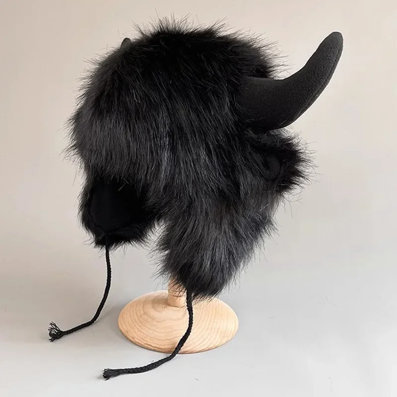 Funny Cow Horn Pullover Hat Winter Thickened Warm Fur Hat Ear Bomber Ear Protection Women Men Cosplay Accessories