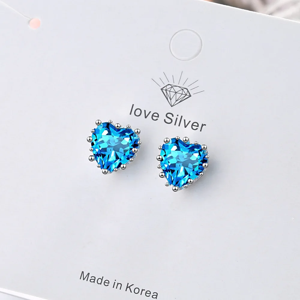 925 Sterling Silver Heart Blue Zircon Stud Earrings For Women Luxury Designer Jewelry Gift Female GaaBou Jewellery