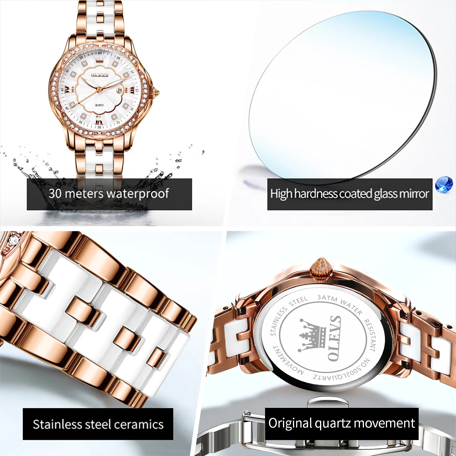 OLEVS Original Women Watch Ceramics Strap Waterproof Luxury Brand Wristwatch Fashion Elegant Ladies Bracelet Watches Reloj Mujer
