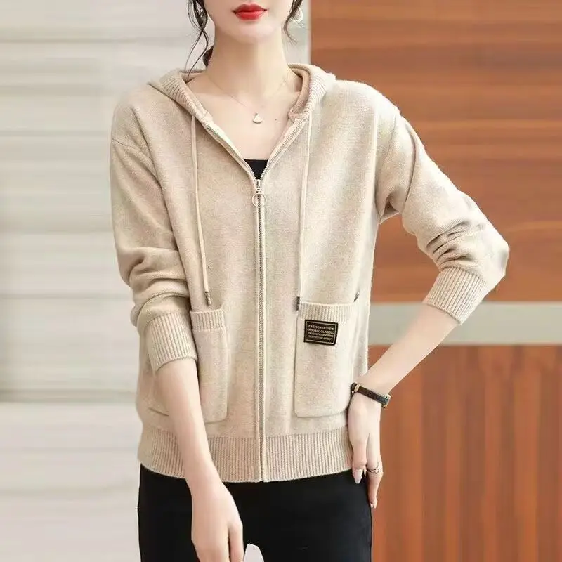 Women Autumn Casual Knitted Wool Hooded Sweater Coat