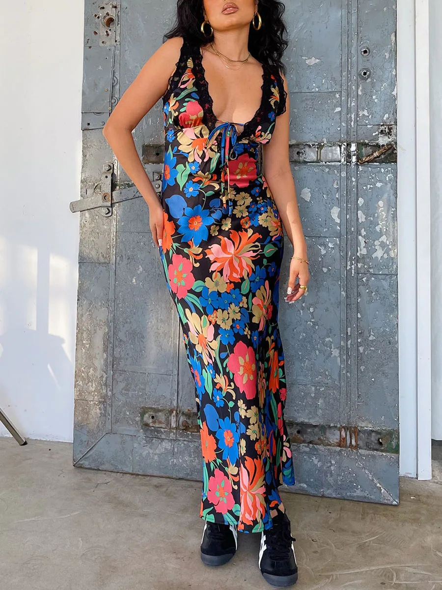 

Women Summer Flower Print Slip Dress Sleeveless V-neck Tie-up Lace Patchwork Long Dress for Cocktail Party