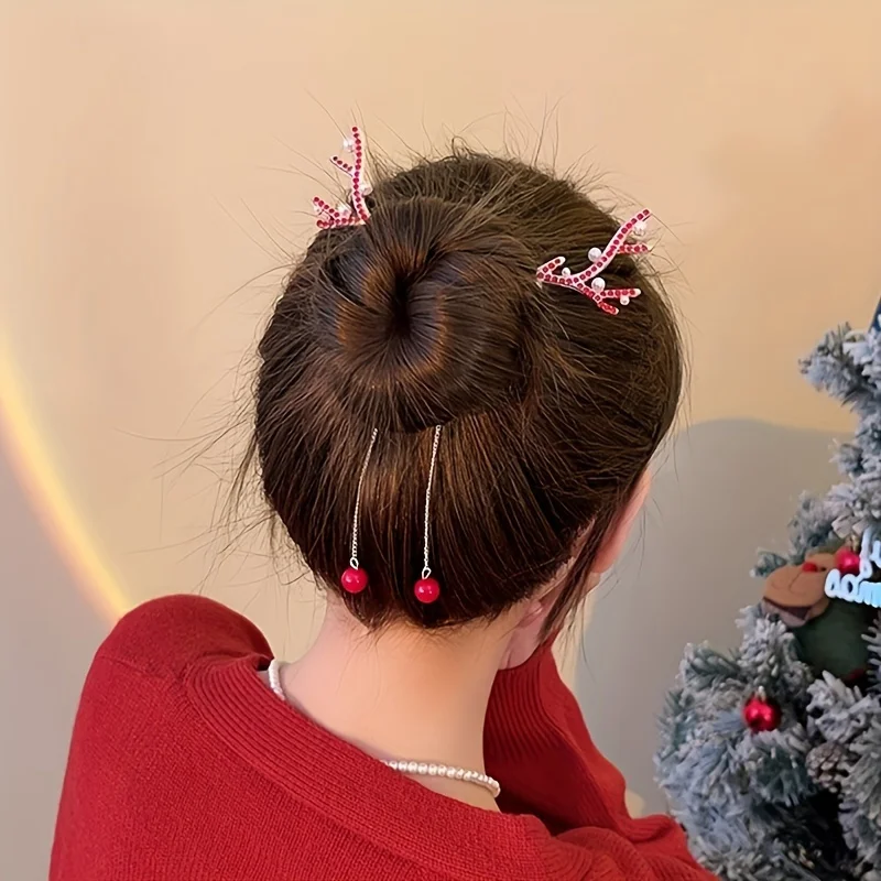 Reindeer Horn Hairpin with Rhinestone Red Berry Detail Festive Elegant for Women Teens Christmas Party Headwear