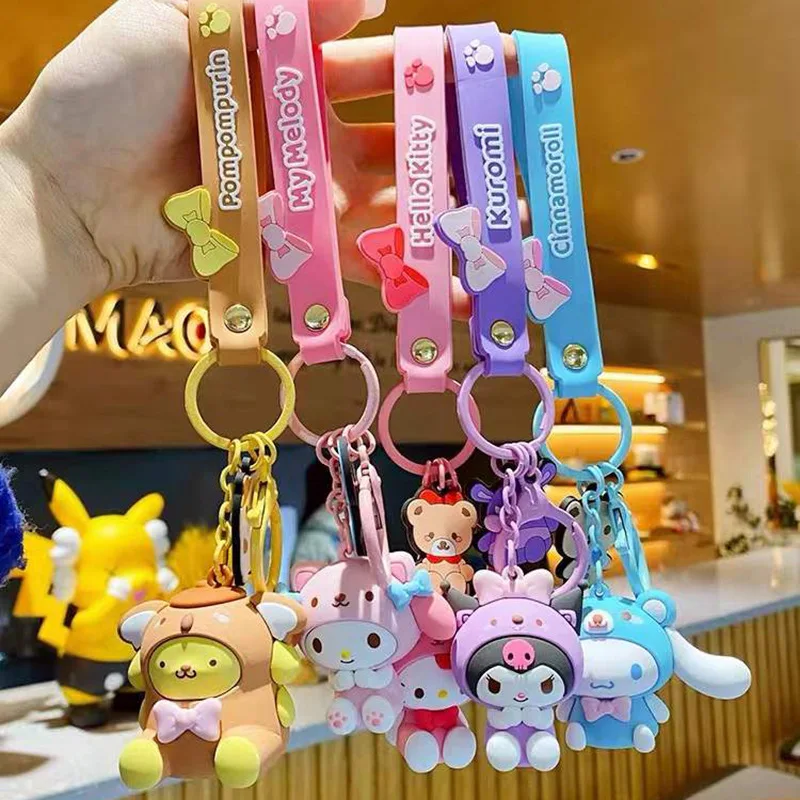 Sanrio 귀여운 소녀 키 체인 가방 펜던트 핑크 Kuromi 멜로디 Cinnamoroll 자동차 키 Sanrio 액세서리 세트 반지 배낭 휴일 선물