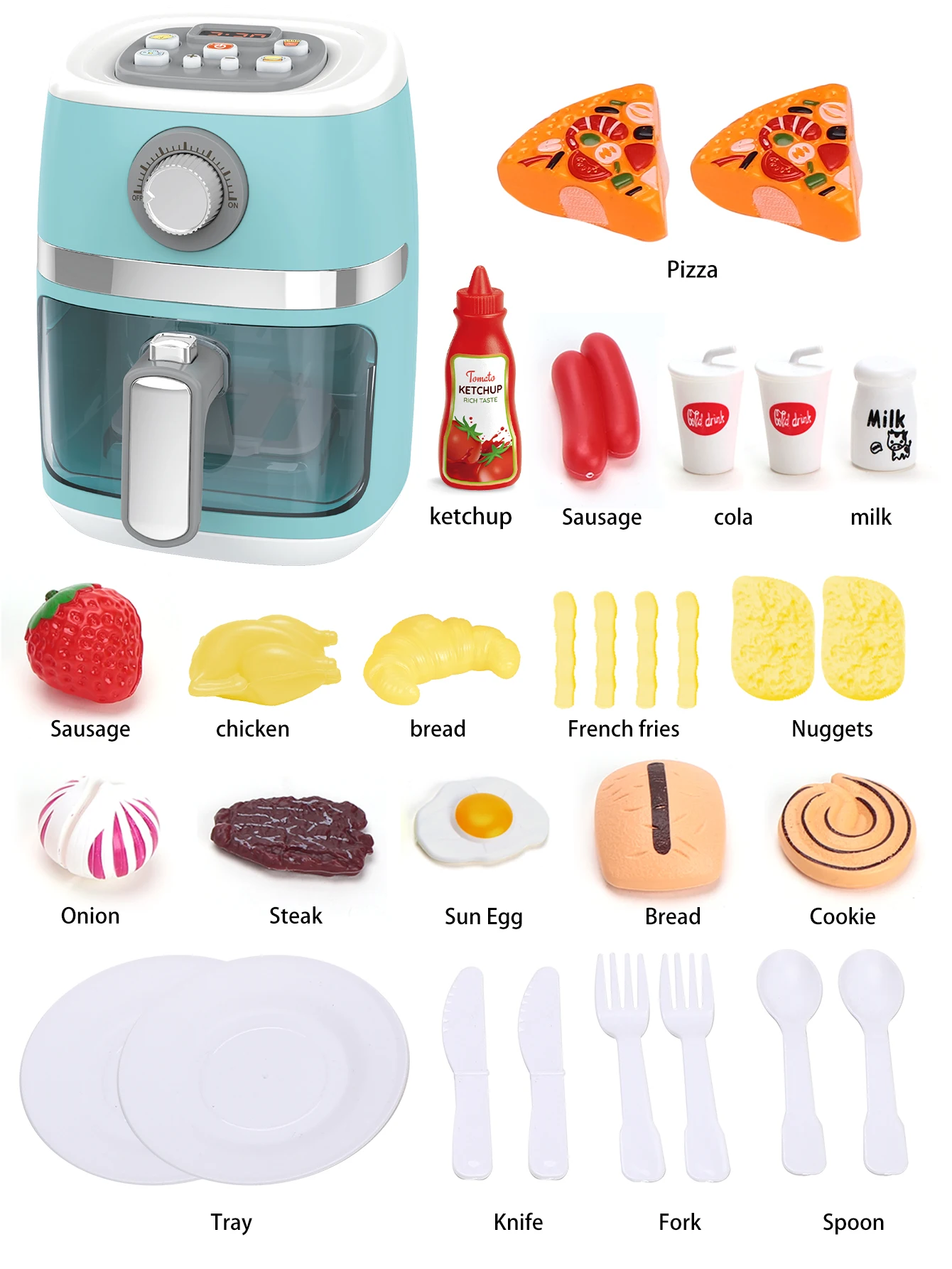 Air fryer children's kitchen toy set accessories pretend to be a chef cooking barbecue games play, with lighting, sound 6
