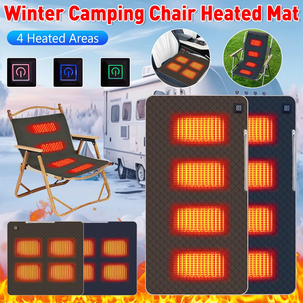 Camping Chair Heated Cushion 4 Heated Areas Heater Warm Pads Winter Heating Mat USB Electric Blanket For Winter Outdoor Travel