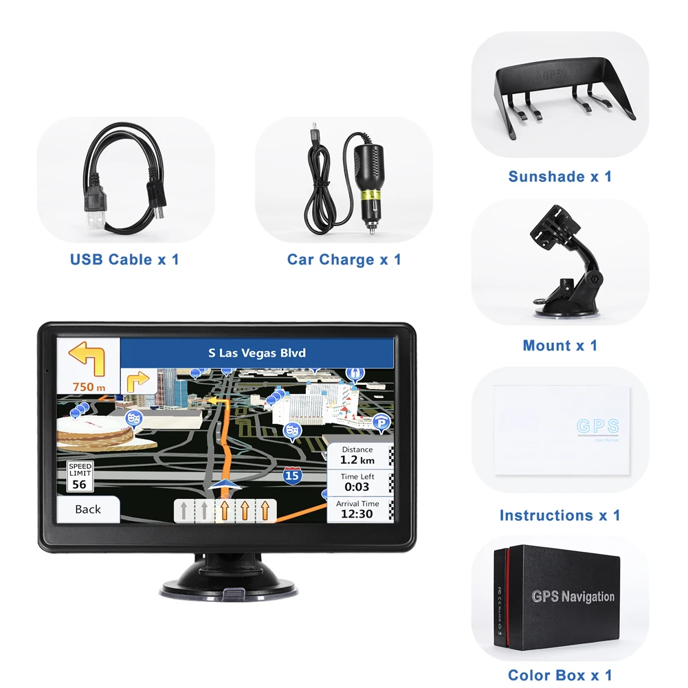 HD 차량용 GPS 네비게이터 FM 송신기, GPS 터치 스크린, 휴대용 위성 네비게이터, 음성 알림 듀얼 시스템, 지도 포함, 7 인치