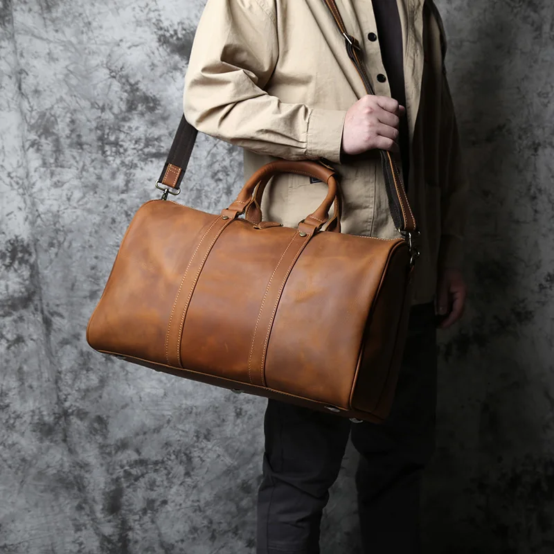 NZPJ Retro Men's Travel Bag Leather Large-Capacity Handbag First Layer Cowhide Zipper Shoulder Messenger Bag 15 Inch Laptop