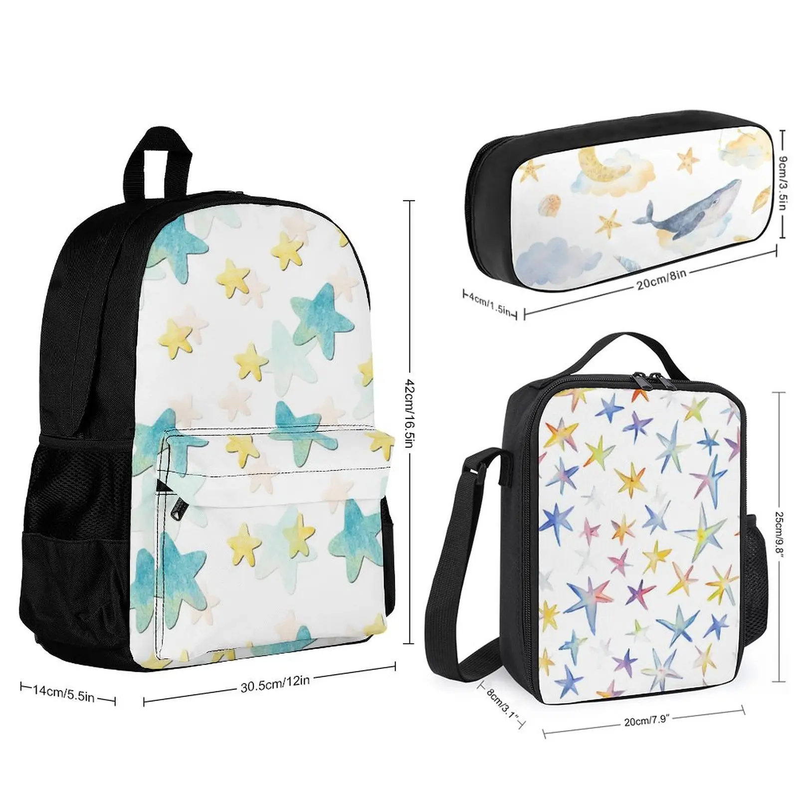 3D Printed Backpack Set with Lunch Box Pencil Case School Bags for Women Student Teenagers Sets Three-piece Set
