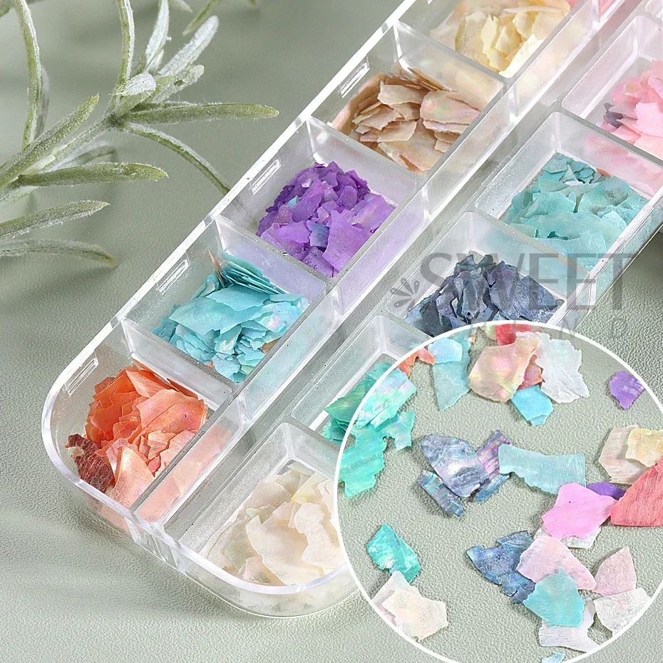 12 Grids Abalone Seashell Flakes Nail Sequin Holographic Irregular Broken Shell Slices Iridescent Mermaid Gel Polish Accessories
