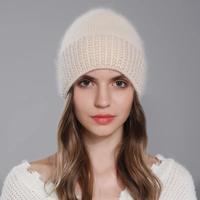 

CNTANG 2022 New Knitted Hat Women Warm Angora Rabbit Fur Cashmere Beanies Winter Casual Hats For Ladies Fashion Luxury Brand Cap