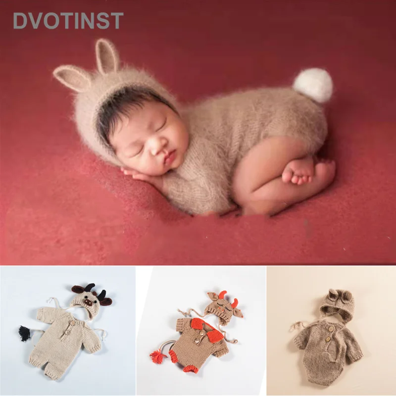 Dvotinst Newborn Baby Photography Props Soft Knitted Cute Cow Ox Outfits Rompers Ears Bonnet Hat 2pcs  Studio Shoots Photo Props