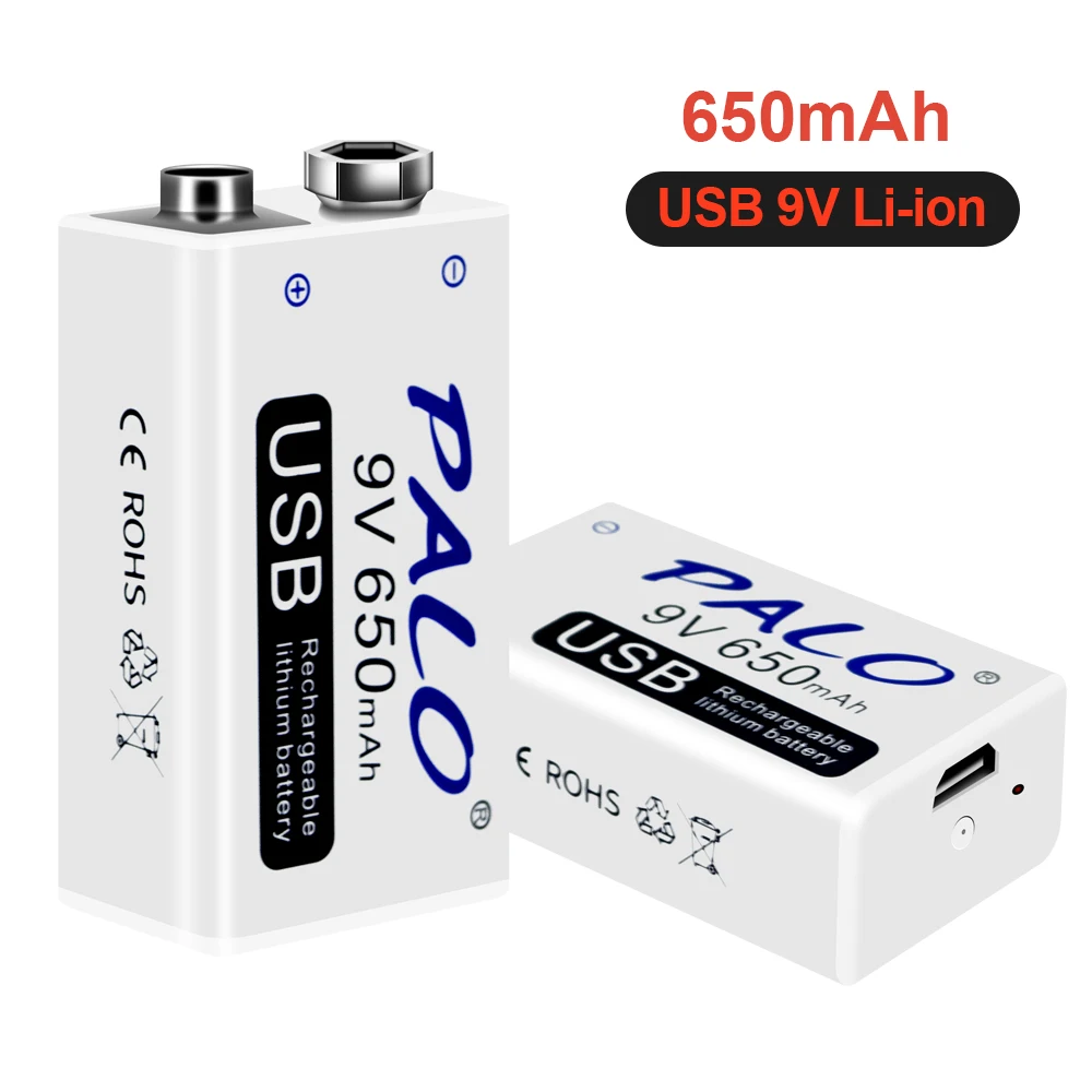 Rechargeable 9V Battery 650mAh Micro USB 9 Volt 6F22 Lithium Crown 9v Batteries for Multimeter KTV Microphone Metal Detector