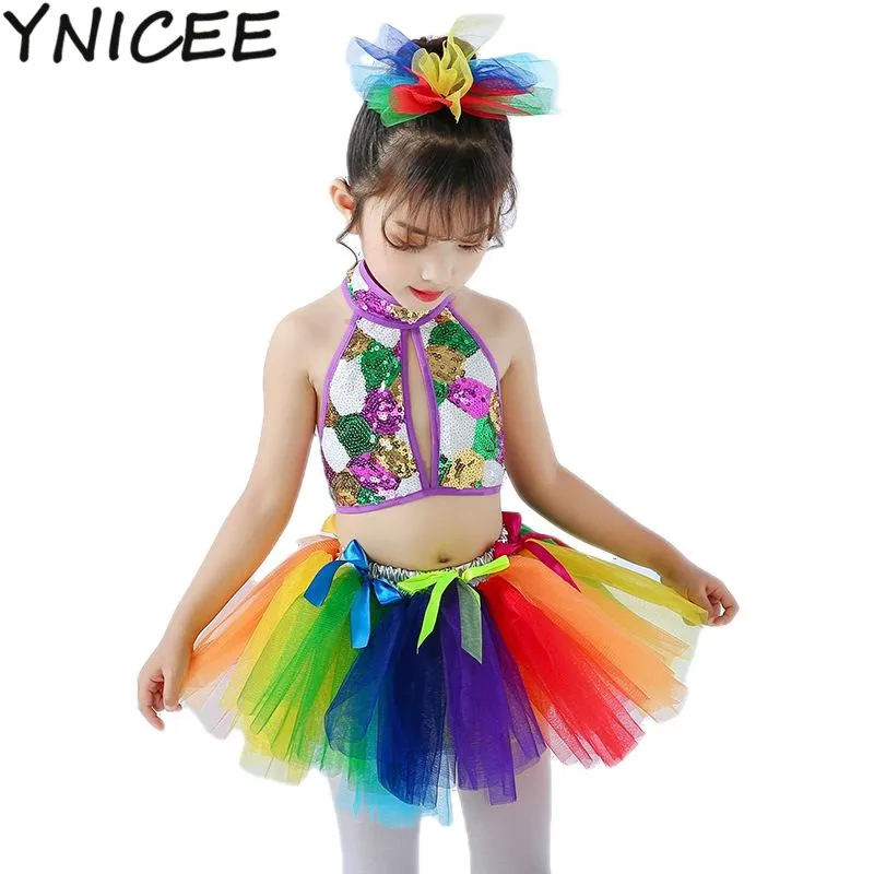 

3PCS Kids Girls Sequined Ballet Jazz Dance Costume Outfit Halter Crop Top with Tutu Skirt Hair Clip Set Dancing Performance Show
