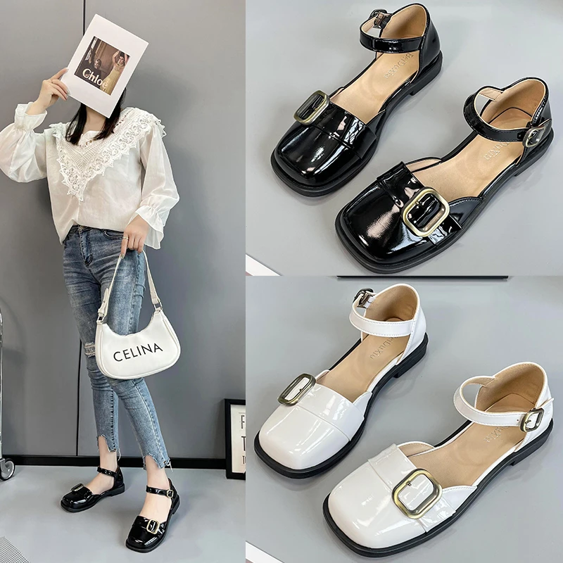 

College style single shoe women's 2024 new French versatile baotou sandals flat bottomed retro small leather shoes