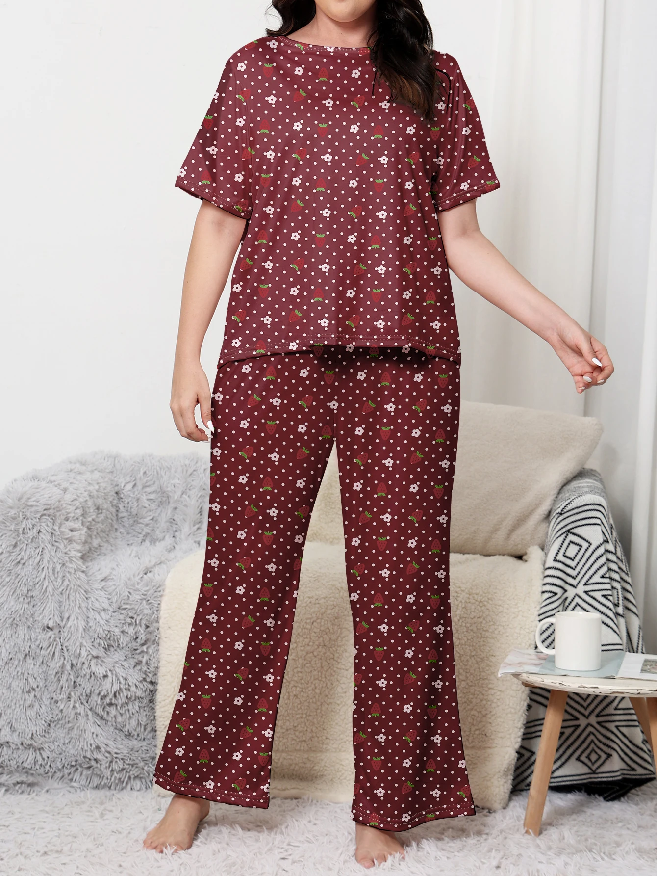 Plus size pajama clothing, plus size home clothing set, plus size short sleeved long pants set, can be worn with milk silk mater