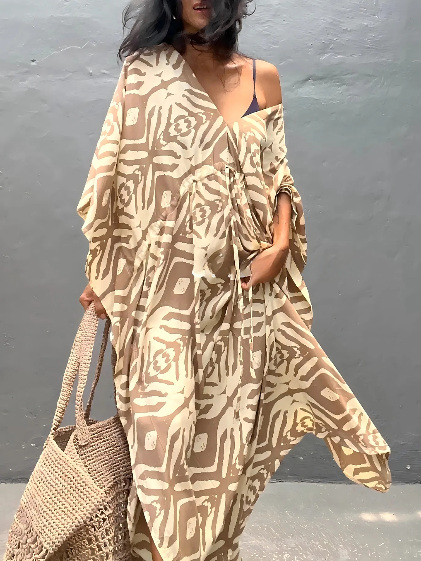 Plus Size Boho Cover Up, Women's Plus Tribal Print Long Sleeve Cover Up Long Cardigan 1